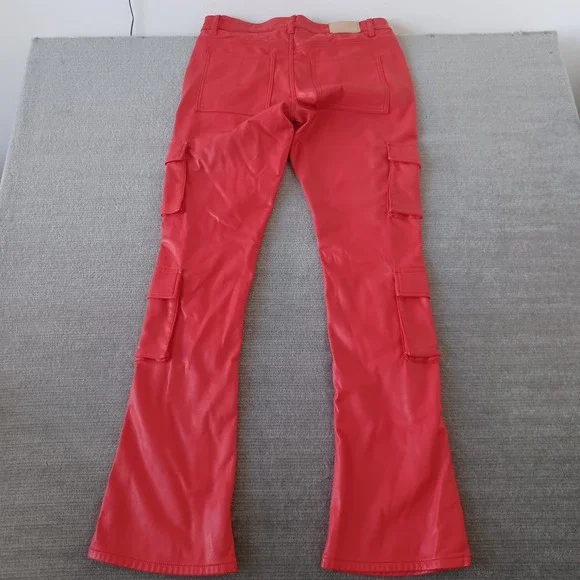 Valabasas Stacked Faux Leather Cargo Pants Mens 36x36 Matte Red Banjo Flared Leg